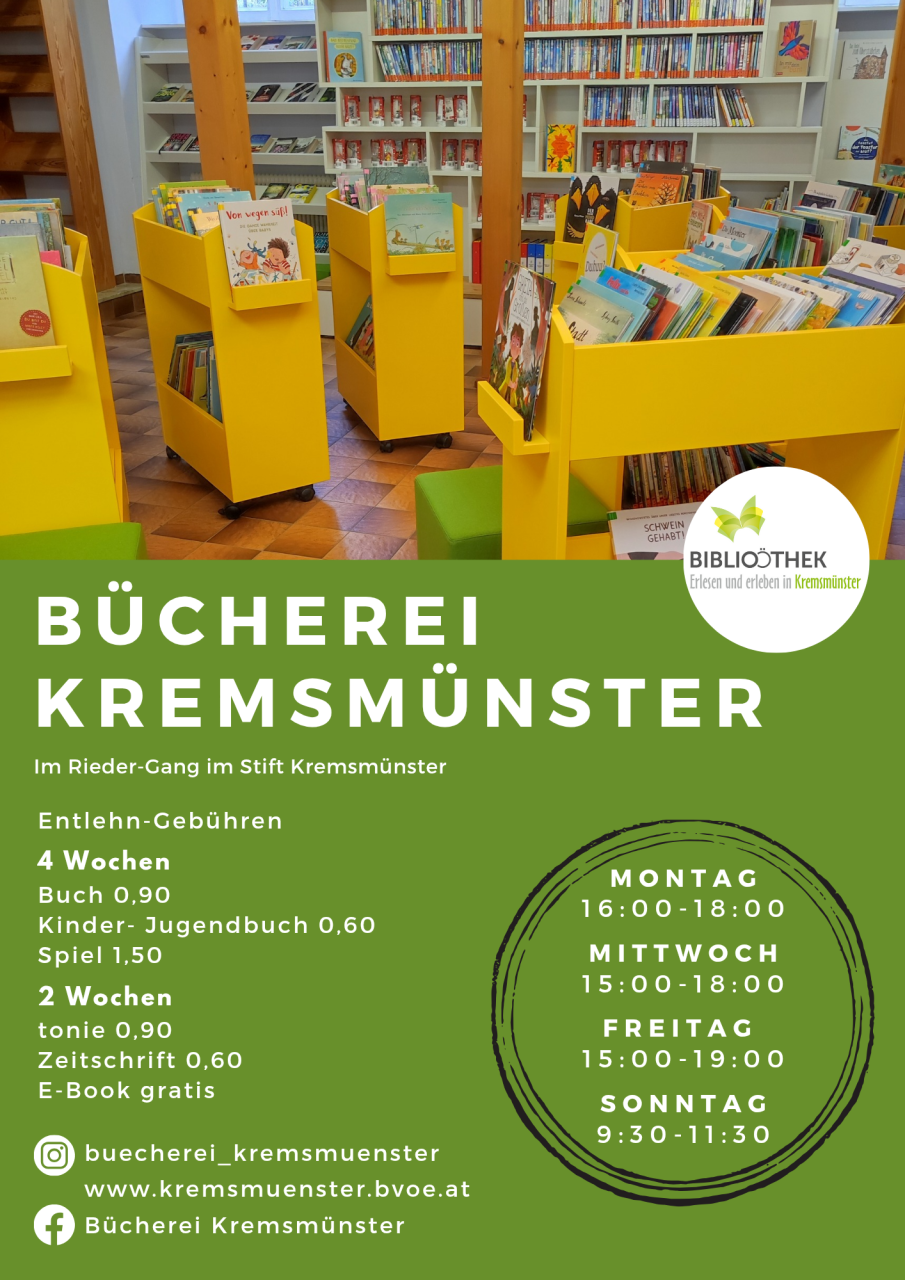 Flyer Bücherei Kremsmünster mit u. a. Öffnungszeiten, Gebühren