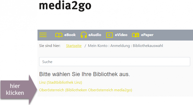 Screenshot Media2go-Website Anmeldung