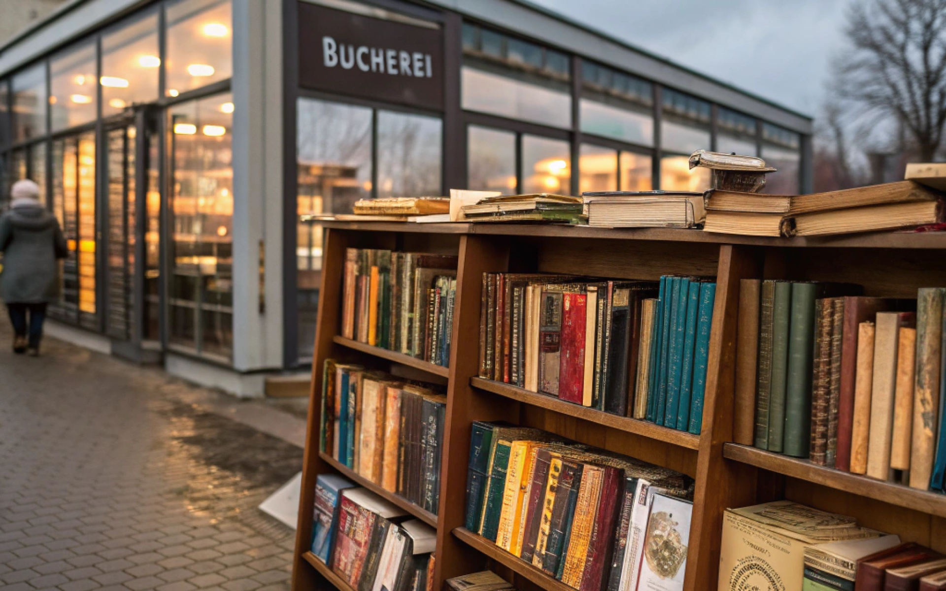 Regal mit Büchern vor einer Bücherei