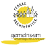 Logo Pfarre Kremsmünster: Gelber Kreis mit rundherum Schriftzug Pfarre Kremsmünster. Im Kreis Umriss einer Kirche und von sich an den Händen haltenden Figuren