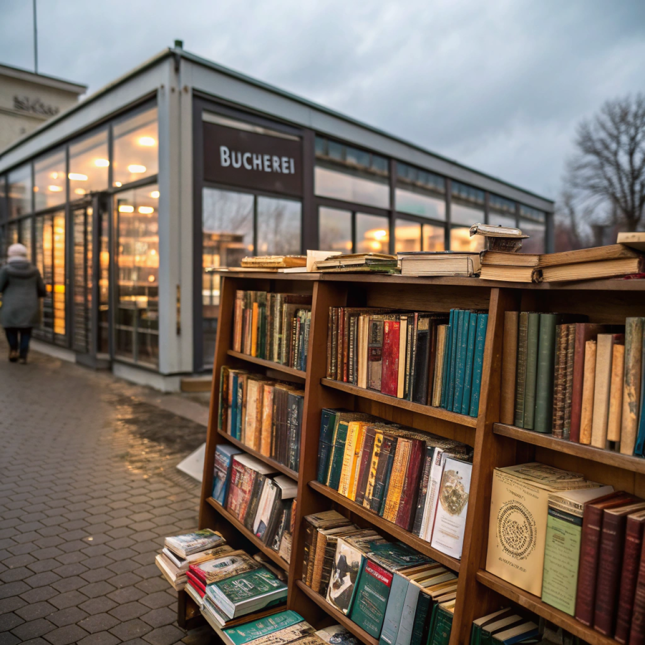 Regal mit Büchern vor einer Bücherei