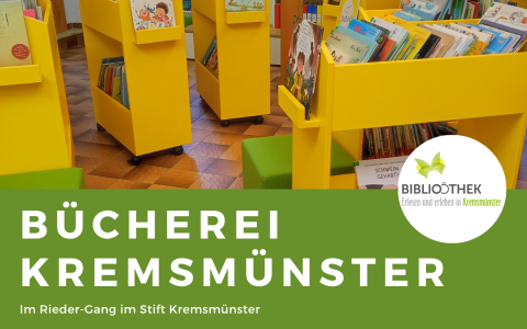 Flyer Bücherei Kremsmünster mit u. a. Öffnungszeiten, Gebühren